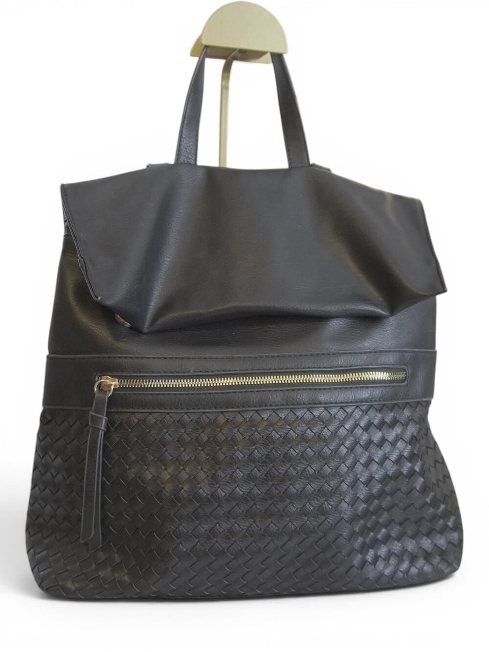 Black Woven Faux Leather Backpack Tote Animal Print Lining Laptop School Bag